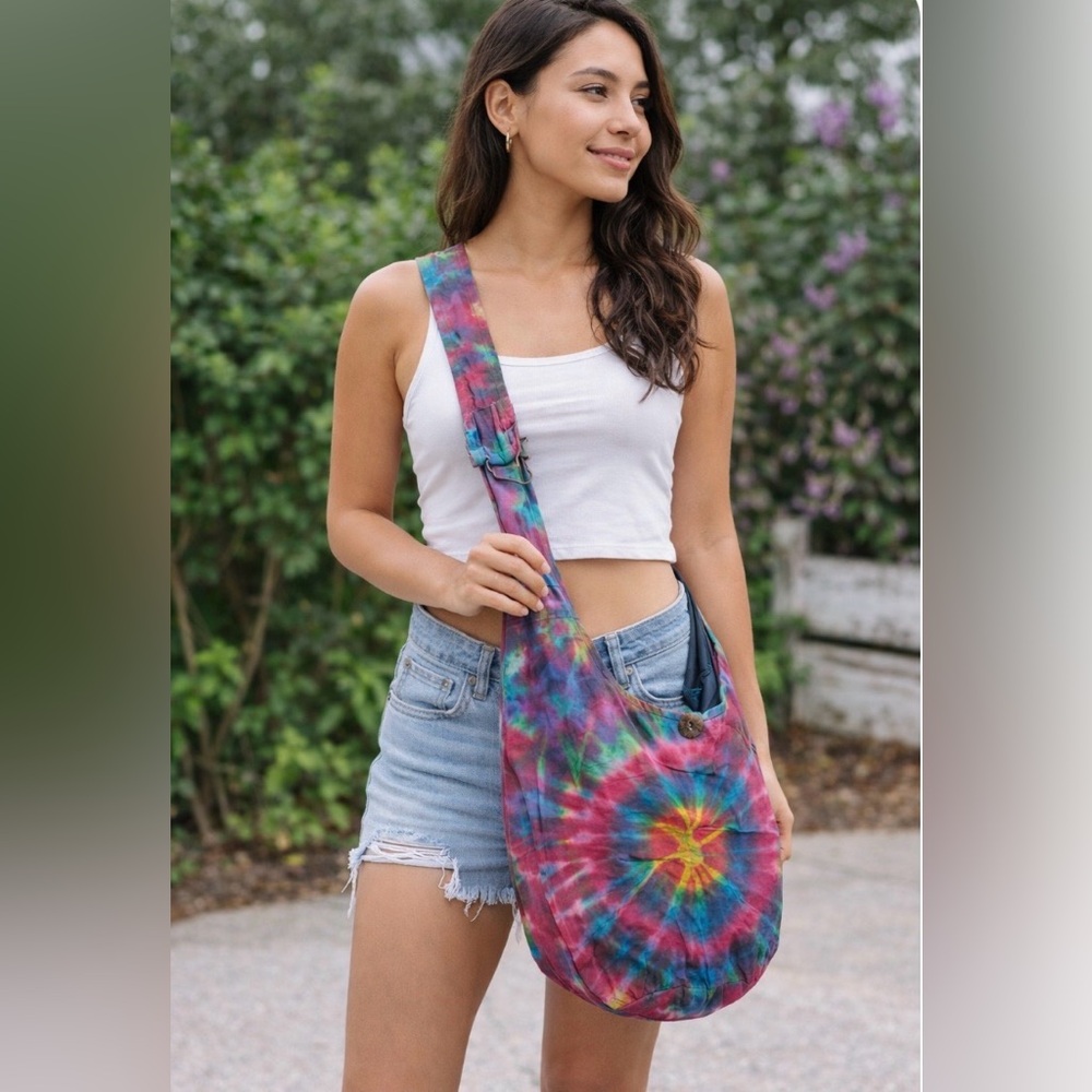 Boho Tie Dye Cotton Crossbody Hobo Bag In Pink AND Blue Brand New - Picture 3 of 13